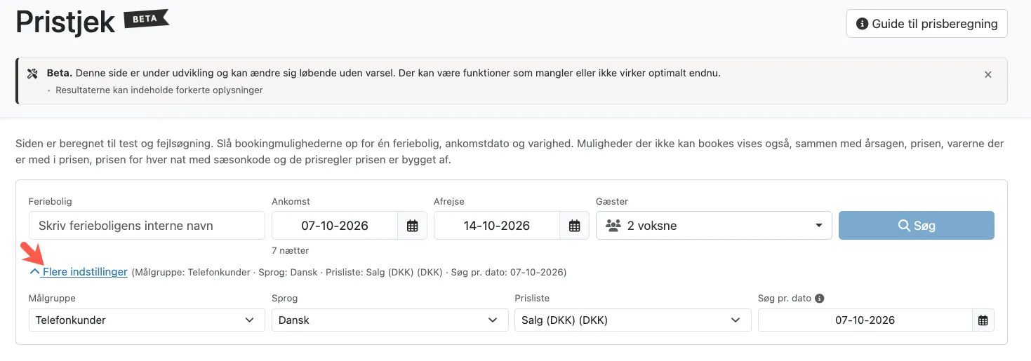 Filtre for at tjekke en bookingspris og tilgængelighed