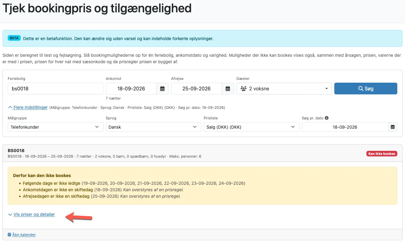 Her vises årsager til hvorfor det ikke er muligt at booke