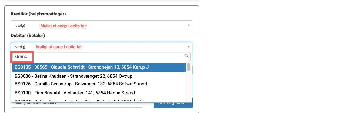 Søg efter kreditor og debitor