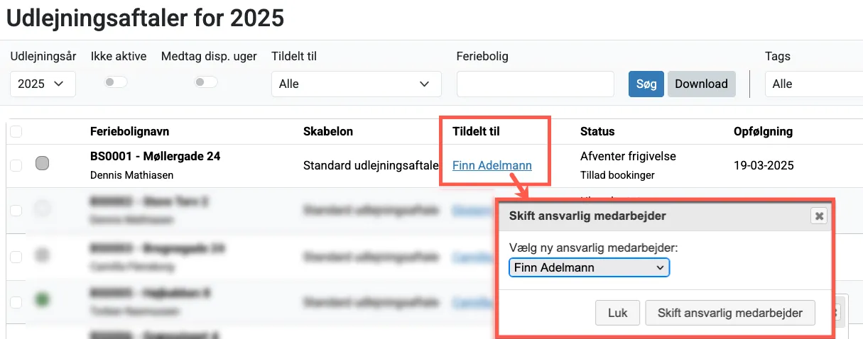 Tildel en ansvarlig til en udlejningsaftale