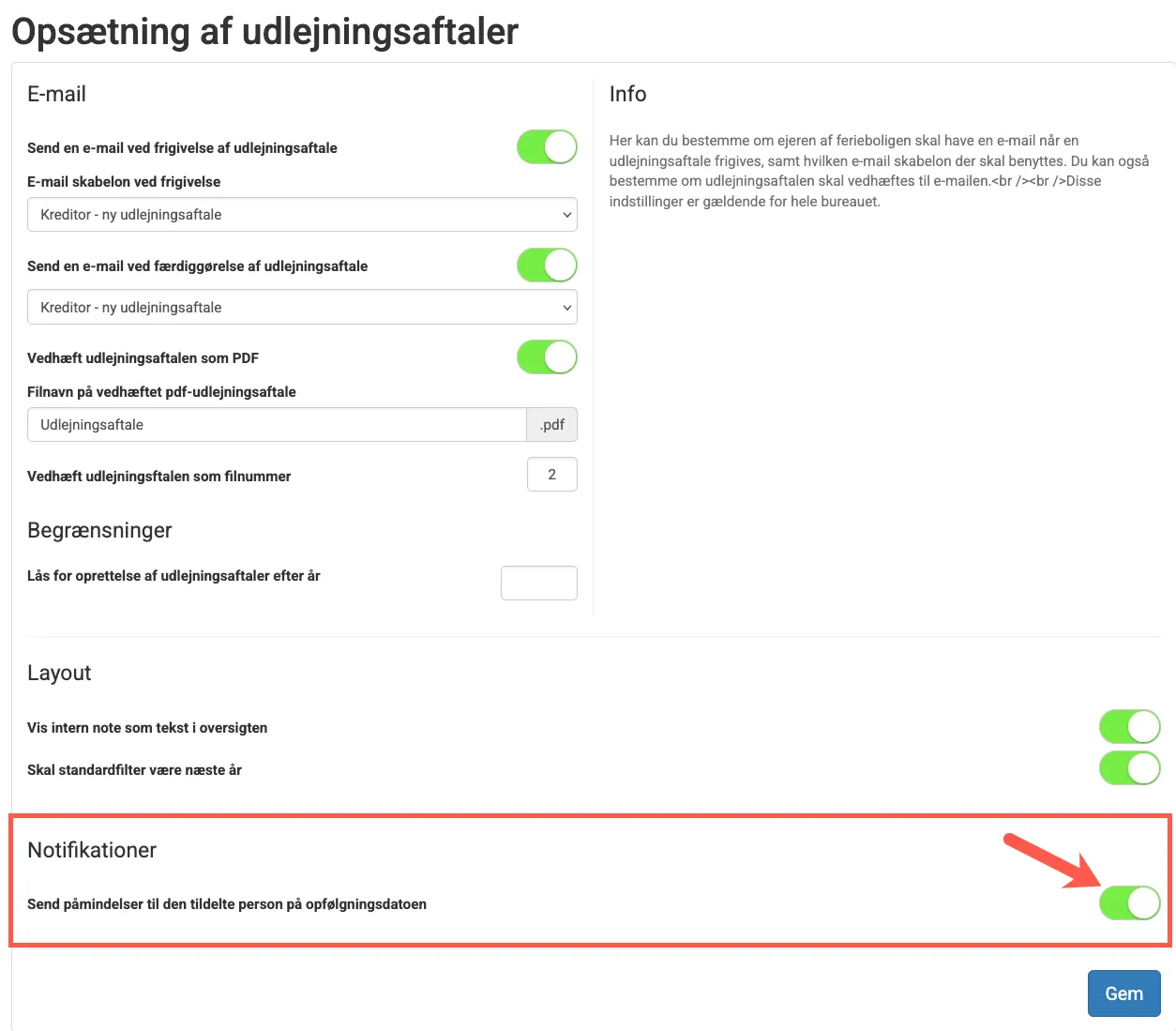 Indstilling for at få sendt en påmindelse om opfølgning