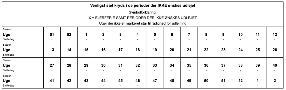 Kalender UDEN datoer på udlejningsaftalen