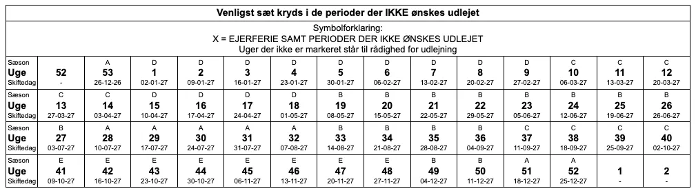 Kalender MED datoer på udlejningsaftalen