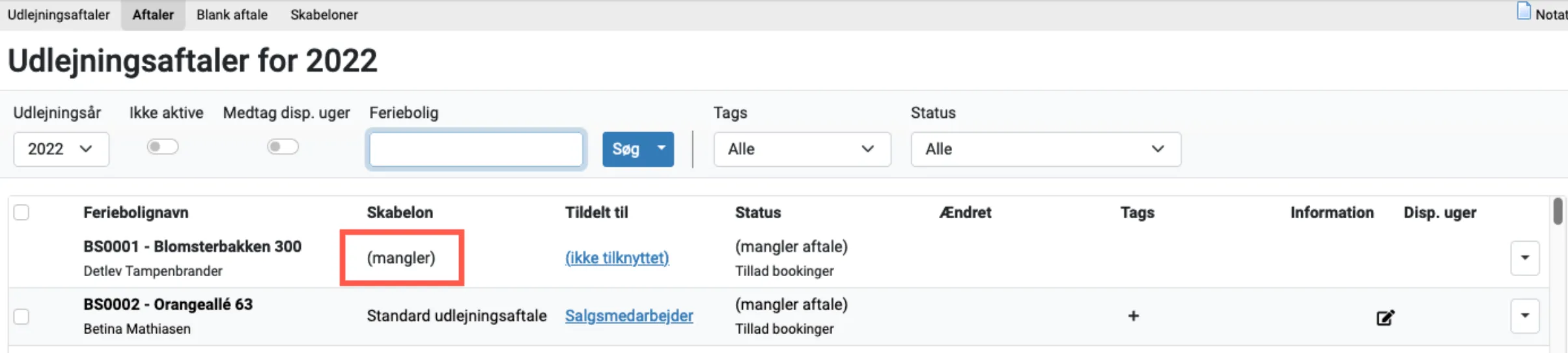 Udsnit af udlejningsaftaler