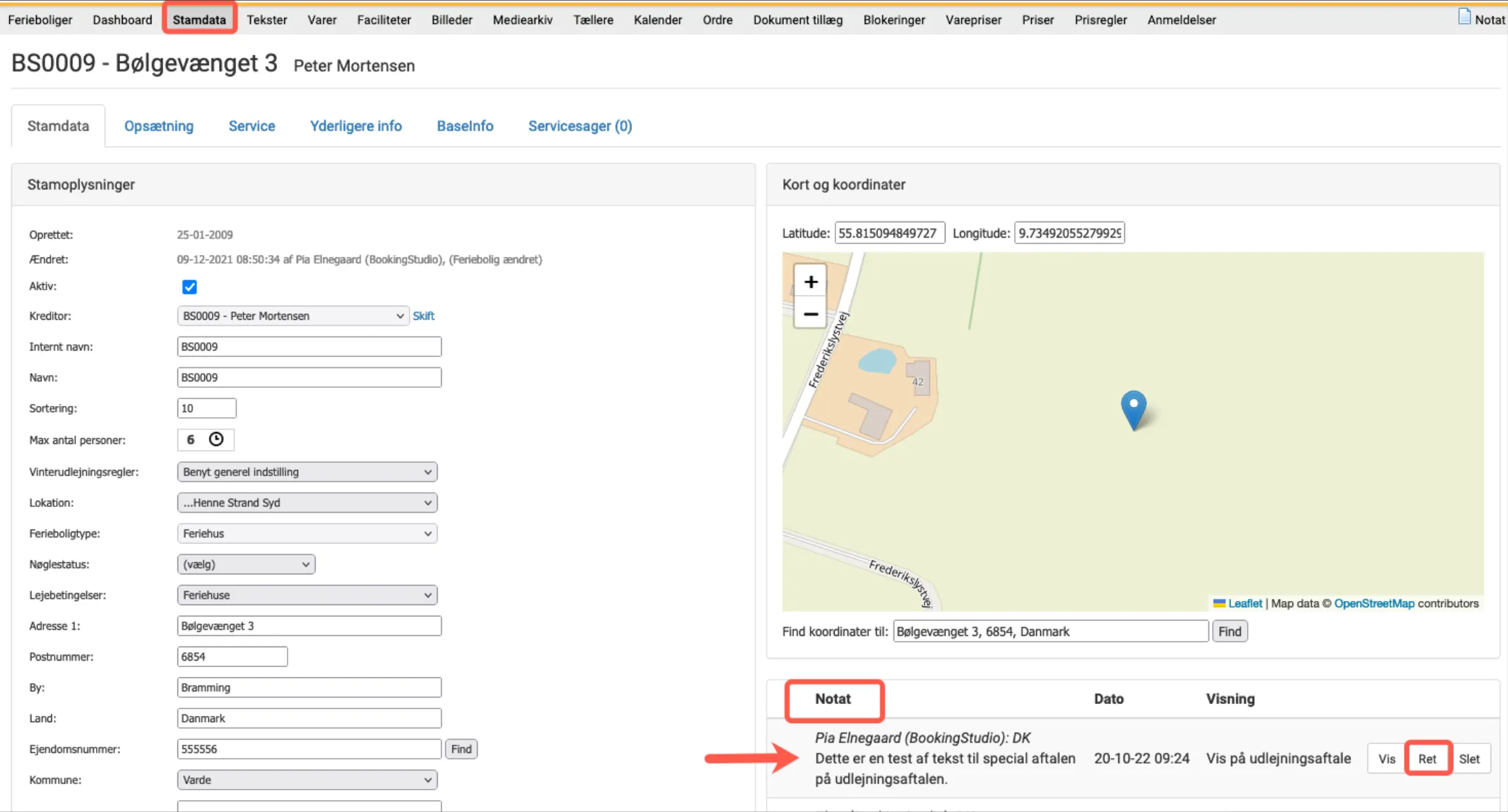 Notat på ferieboligs stamdata