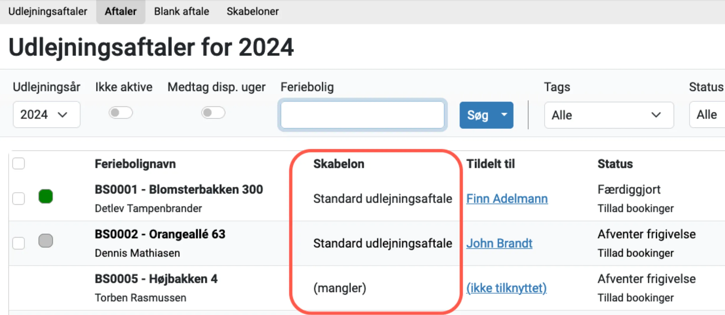 valgte skabelon
