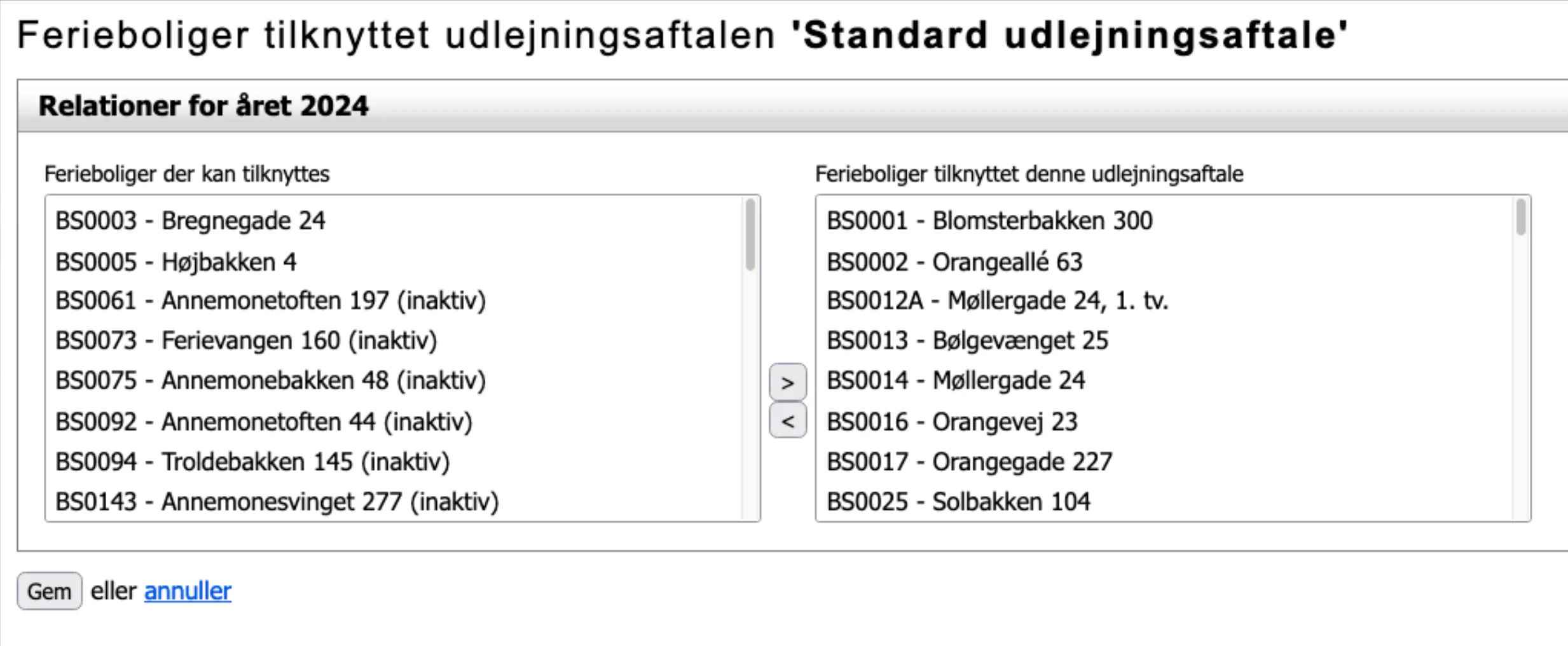 Vælg ferieboliger der skal tilknyttes