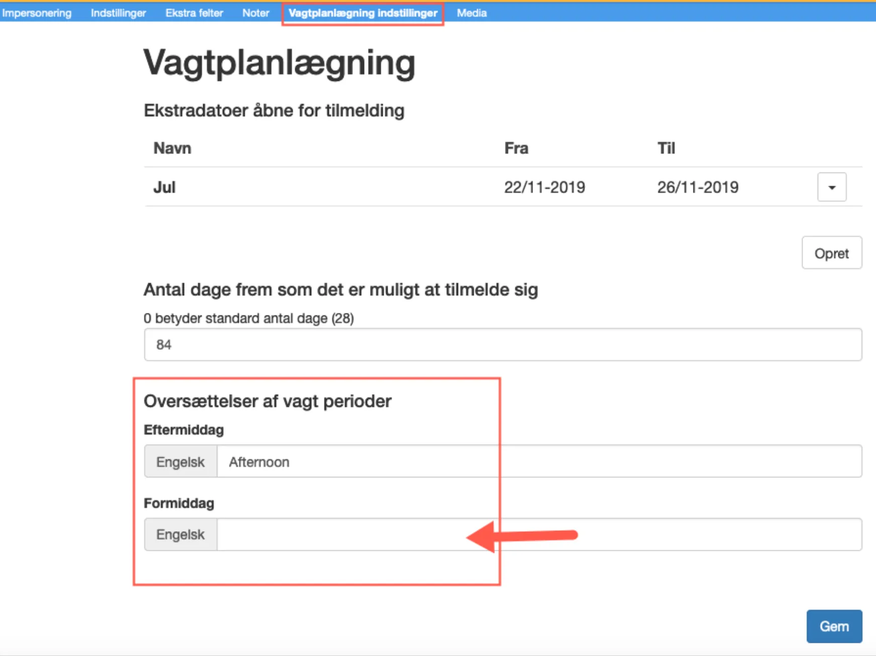 Oversættelse af navn på vagtperiode