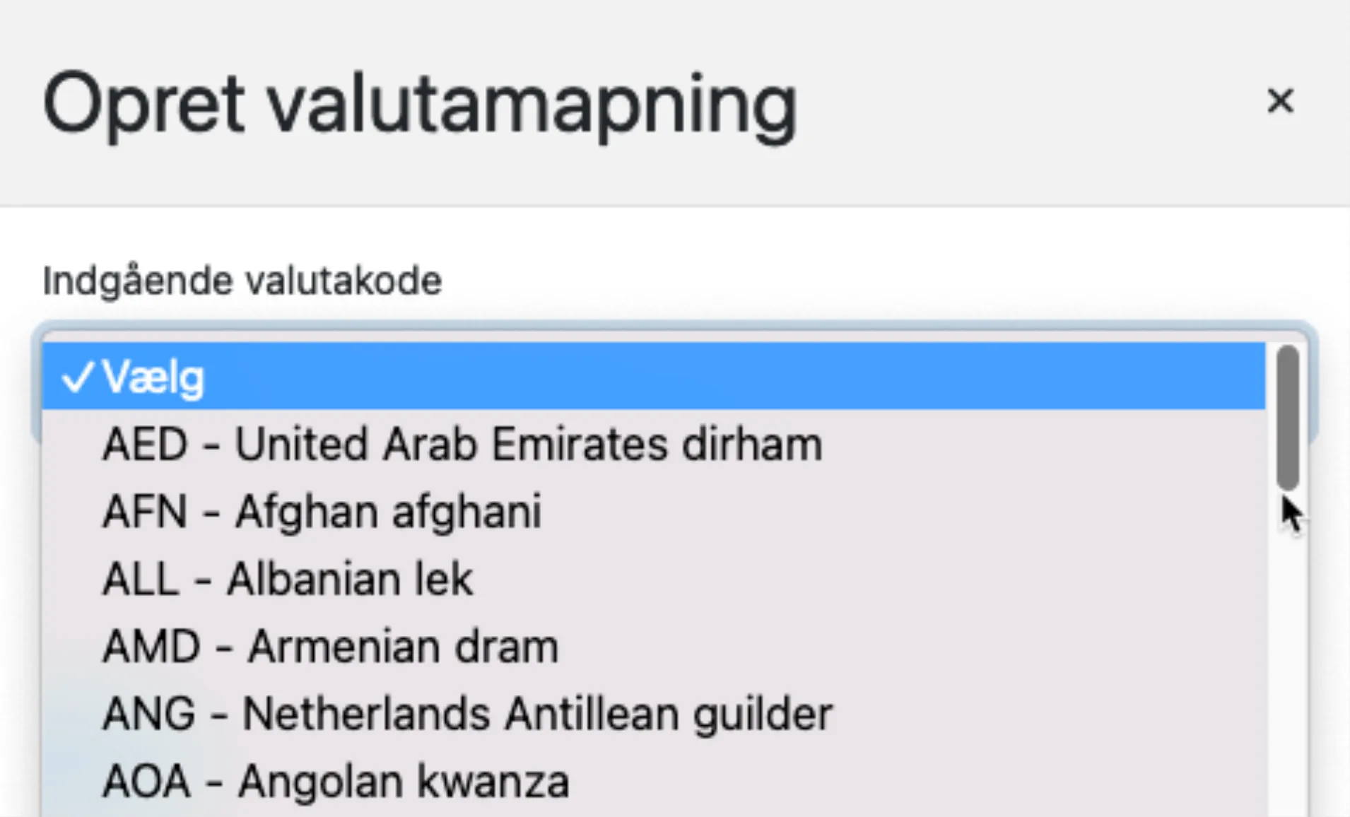 Vælg valuta fra partner