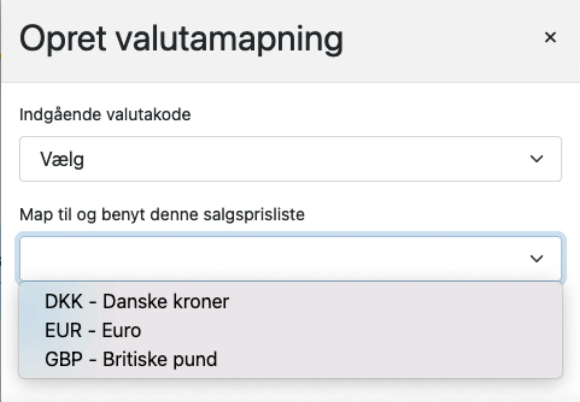 vælg valuta til at oprette booking