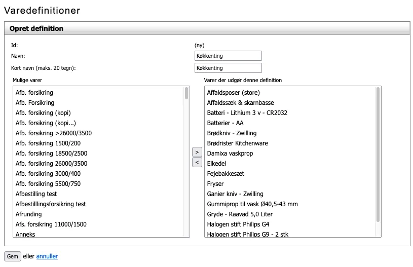 Opret en varedefinitioner