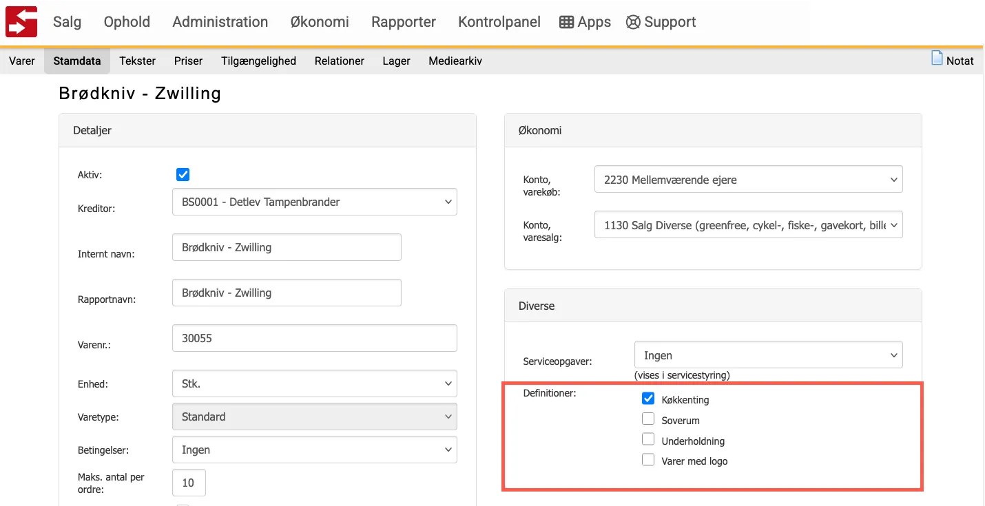 Visning af varedefinitioner på en vare