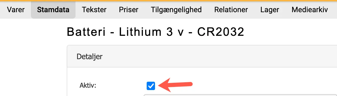 Gør en vare inaktiv ved at fjerne fluebenet for aktiv på varens stamdata