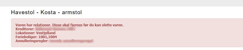 Advarsel med årsag, hvis varen ikke kan slettes