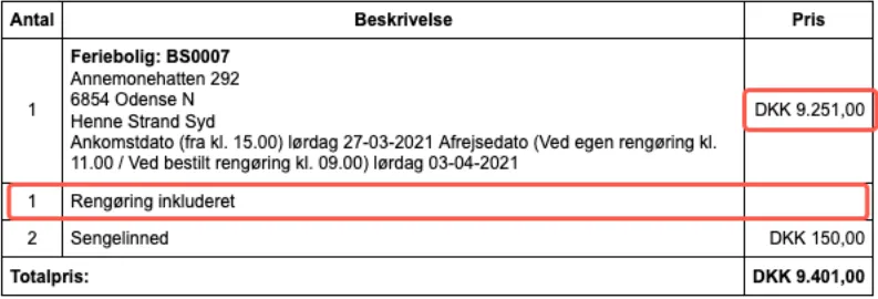 Visning af vare inkluderet i bookings pris