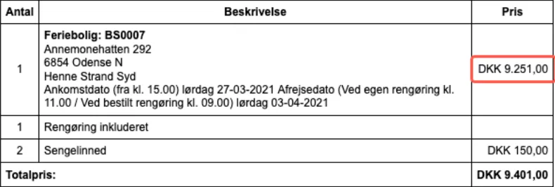 Visning af skjult vare inkluderet i bookings pris