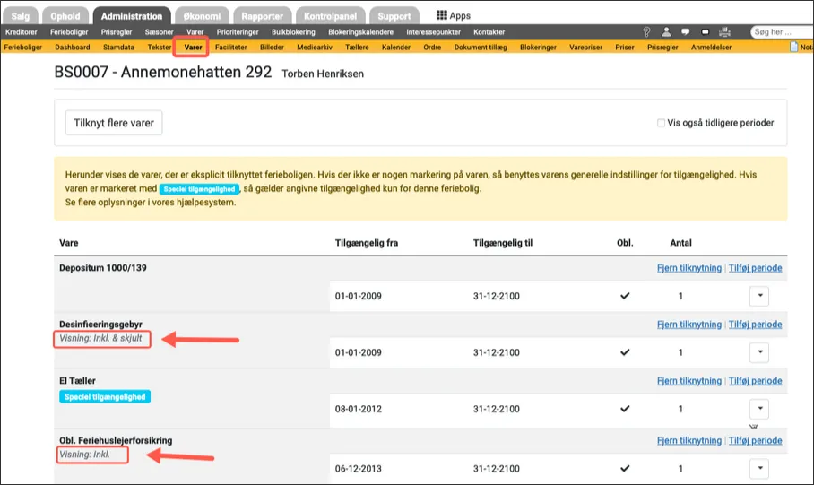 Notits om visning på ferieboligens side med varer