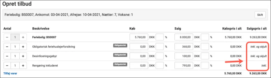 På ordresiden vises det om varen er inkluderet og evt. skjult
