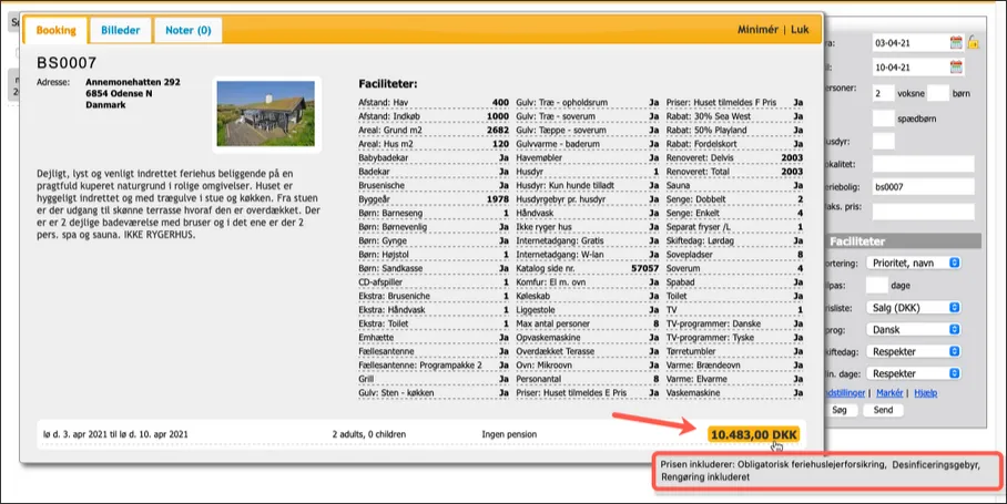 På bookingsiden med detaljer kan man holde musen over prisen for at få yderligere informationer