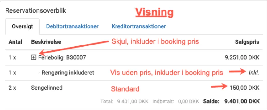 Se inkluderede og skjulte varer i reservationsoverblikket ved at klikke på +