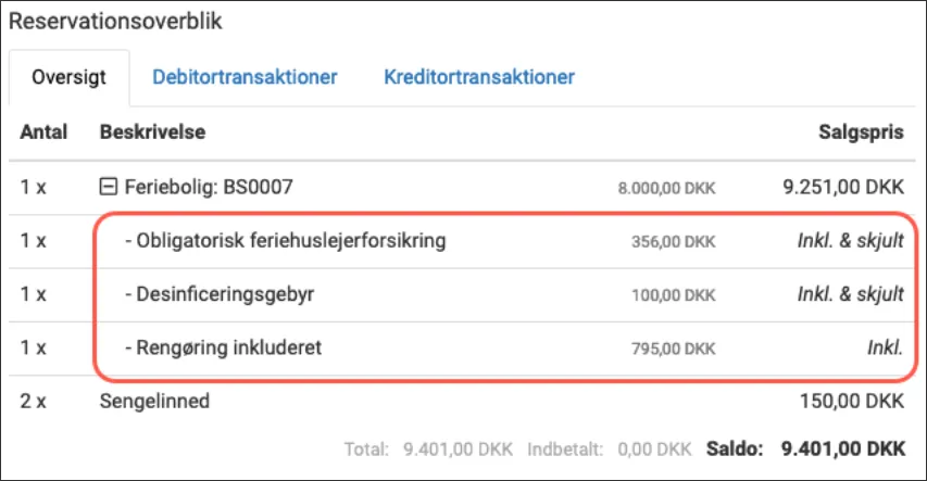 Se priser for de inkluderede varer i reservationsoverblikket