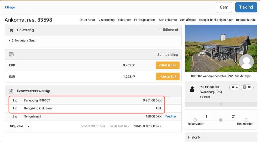 Inkluderede og skjulte varer vises ikke i Front Desk