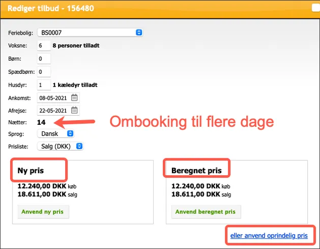 Ombooking til flere dage