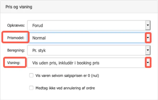 Prismodel og visning skal vælges for varen