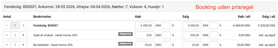 En normal booking med inkluderede varer