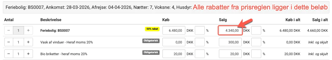 En prisregel brugt på en booking og inkluderede varer