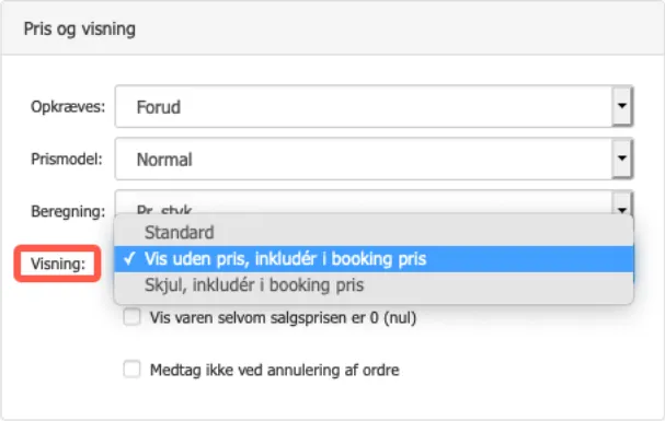 Opsætning af vare, der skal vises uden pris