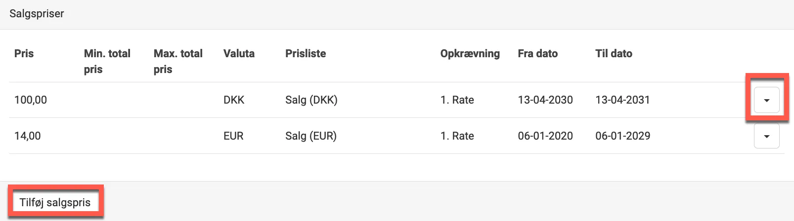 Opret salgspris