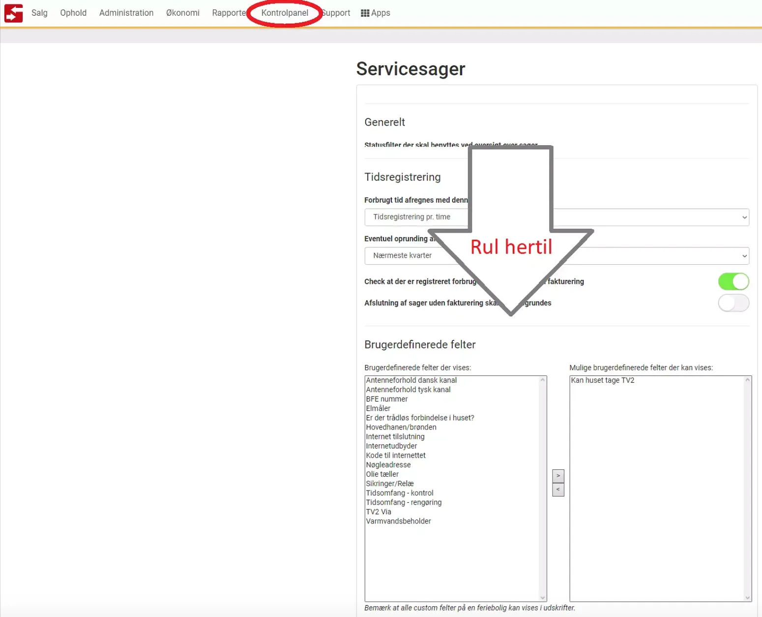 Brugerdefinerede felter vælges