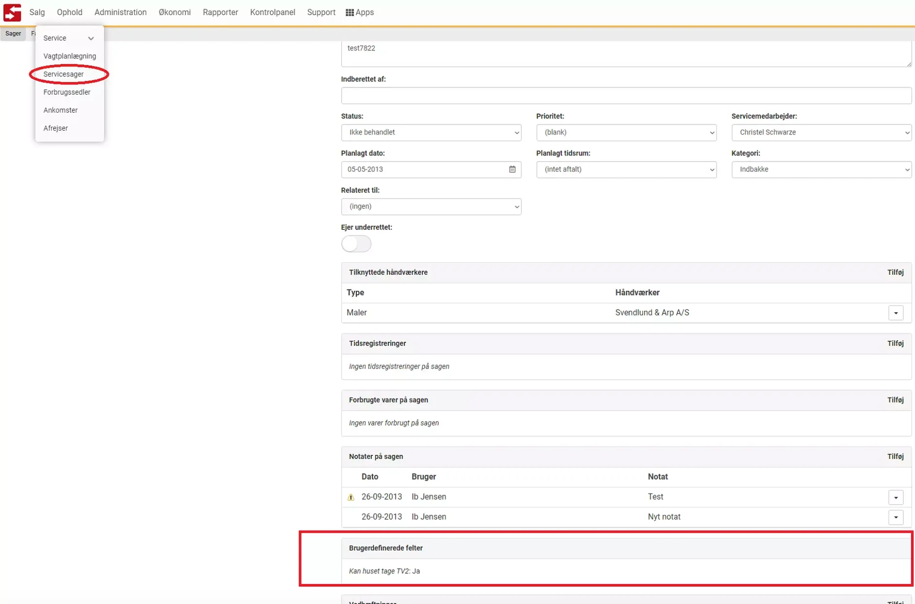 Valgte felter vises på servicesager