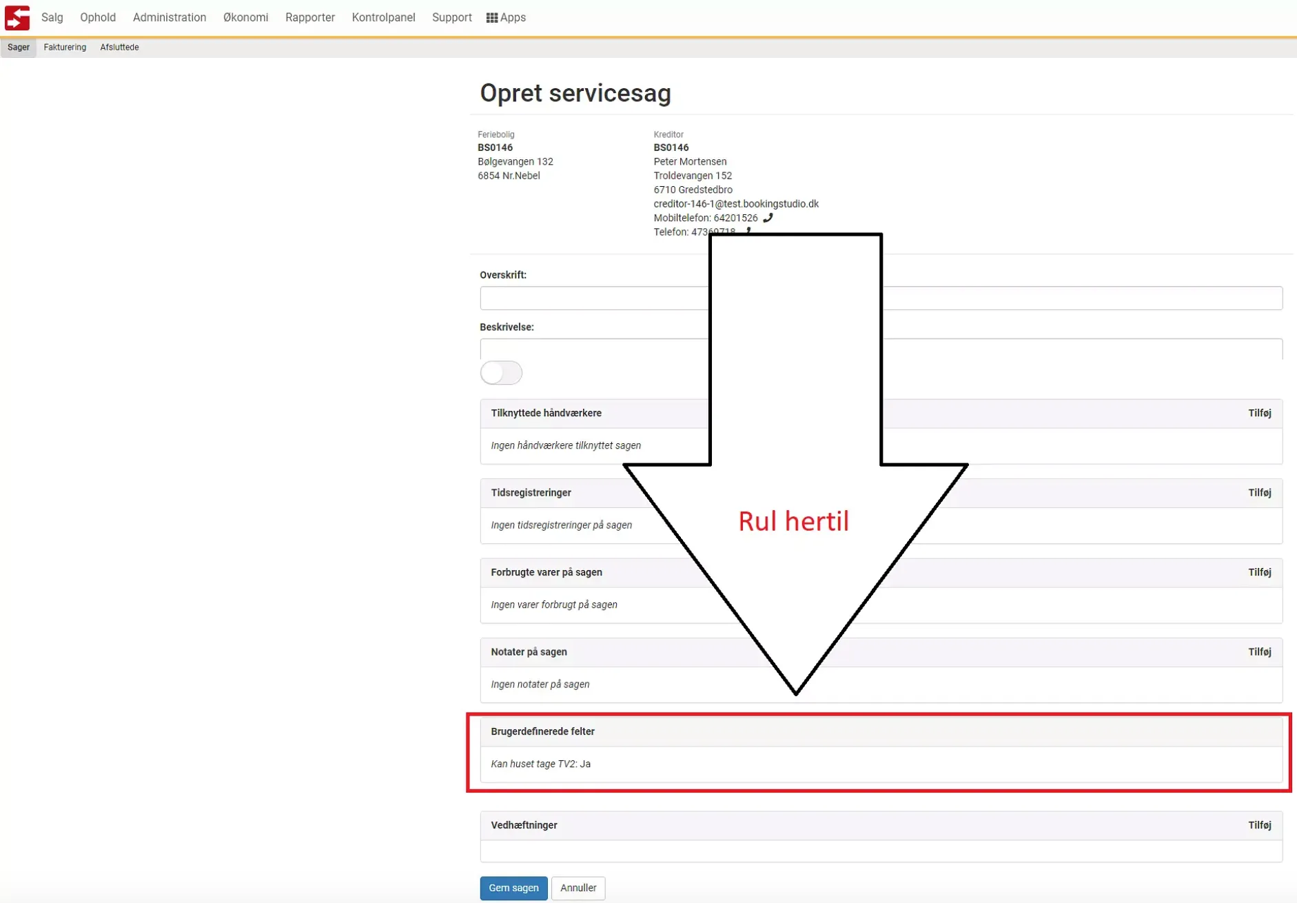 Felter vises når ny sag oprettes