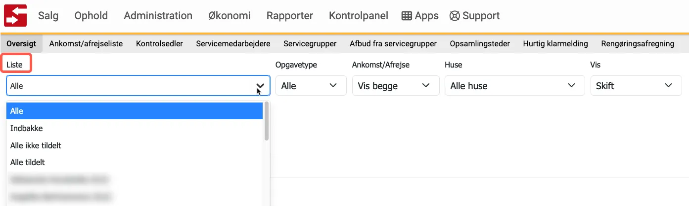 Liste i serviceoversigten