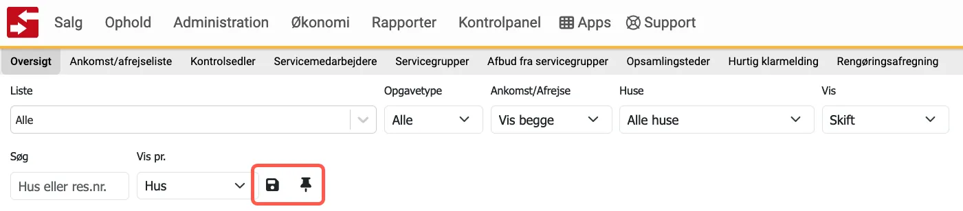 Gem filtreringsvalgtet i serviceoversigten
