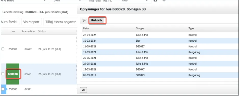Se historik for hvornår der sidst er gjort rent