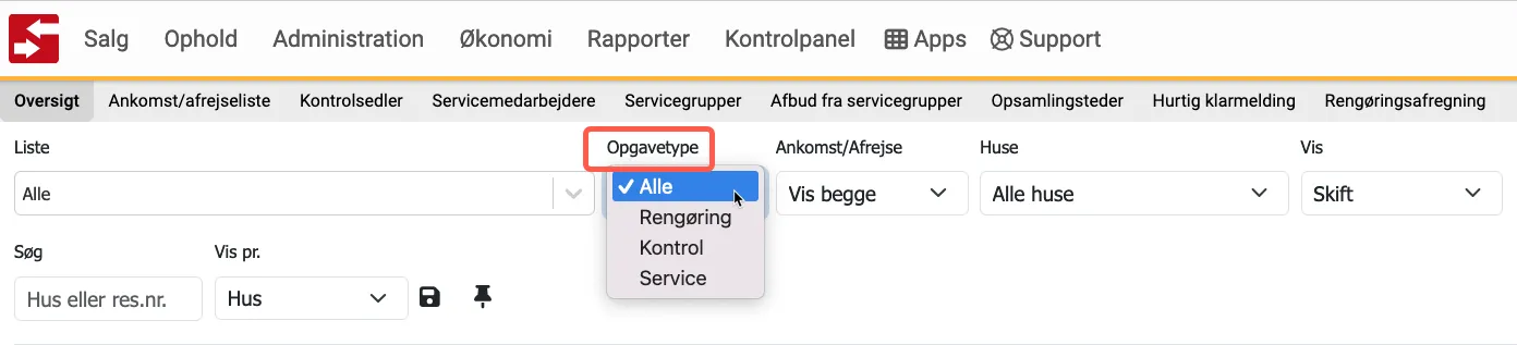 Opgavetype i serviceoversigten