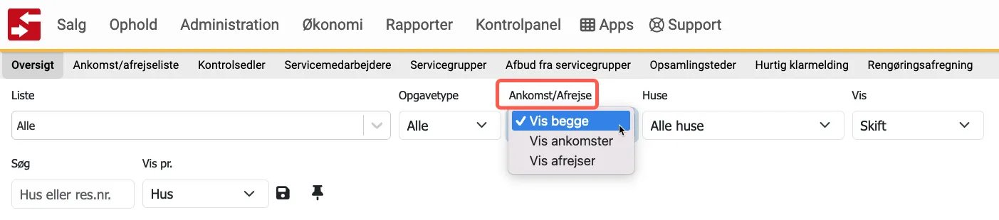 Ankomst/Afrejse i serviceoversigten