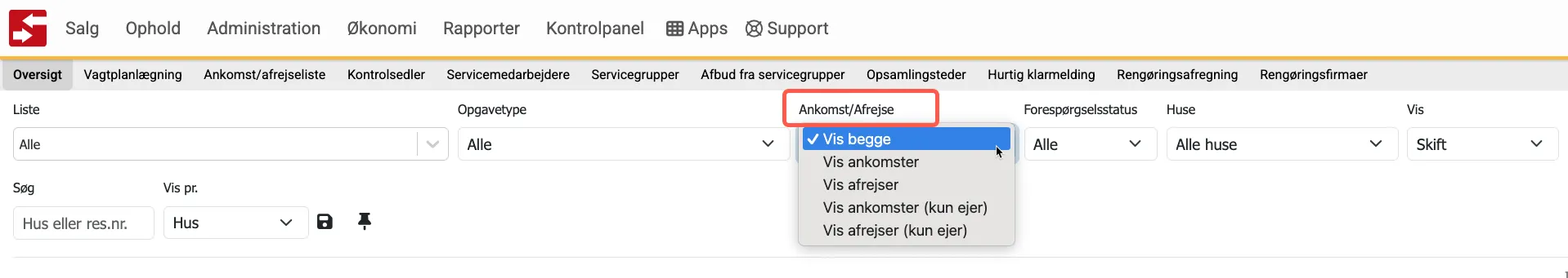 Ankomst/Afrejse i serviceoversigten