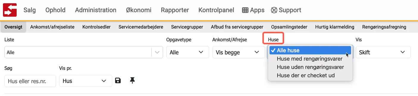 Ankomst/Afrejse i serviceoversigten