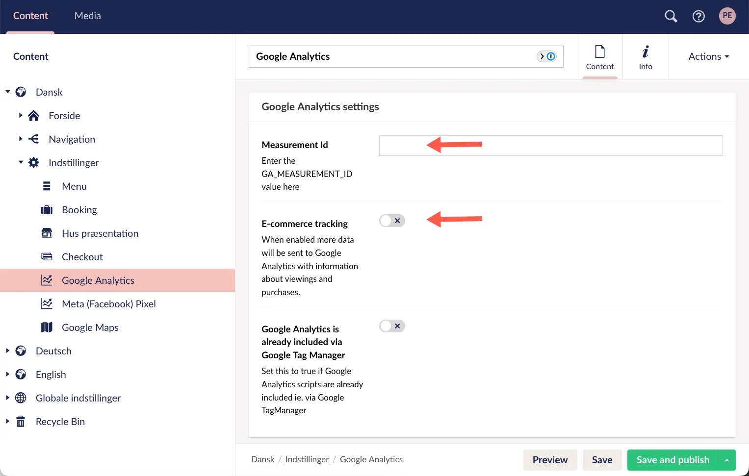 Indstillinger for Google Analytics
