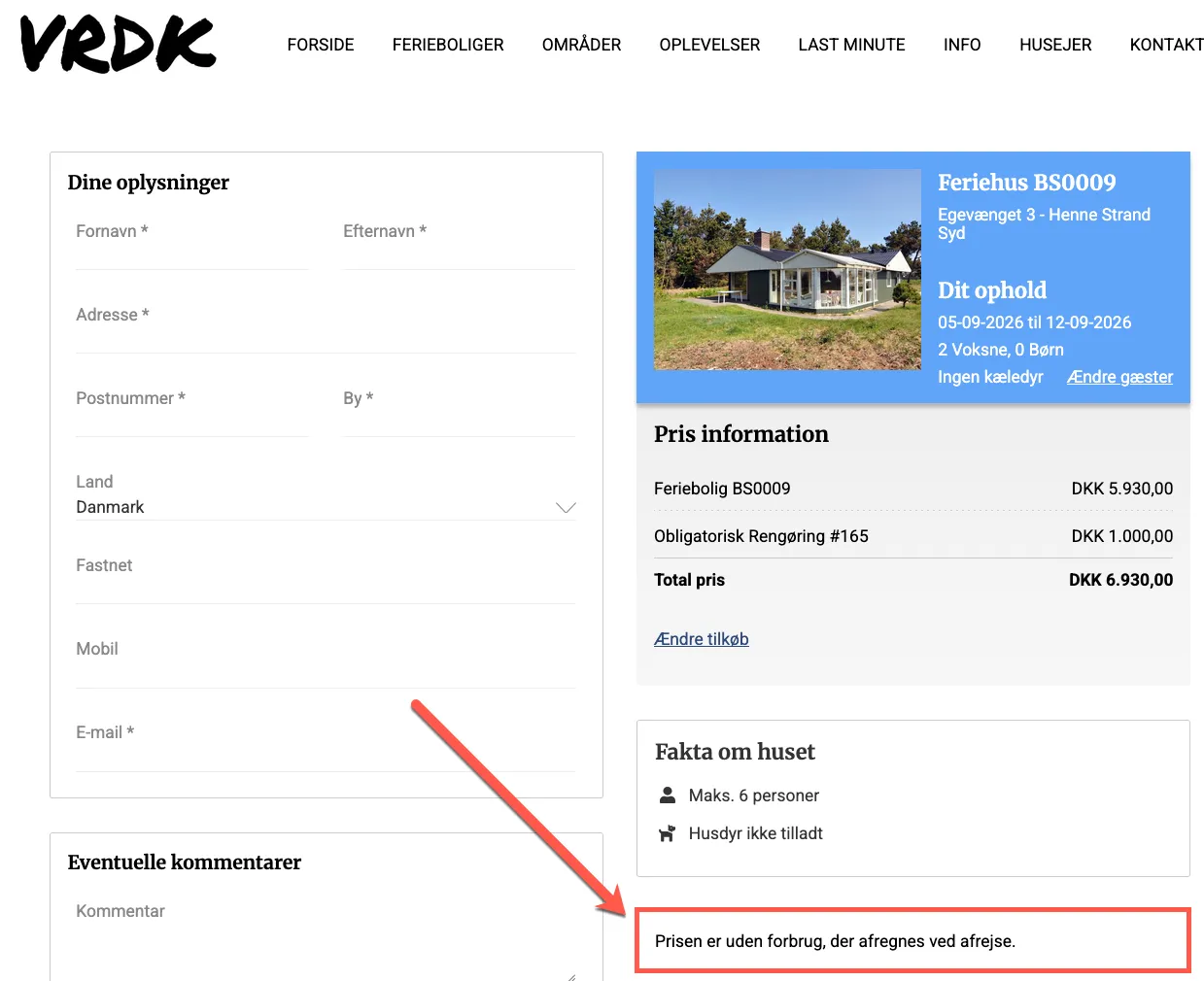 Visning af ekstra info på hjemmesiden i bookingprocessen