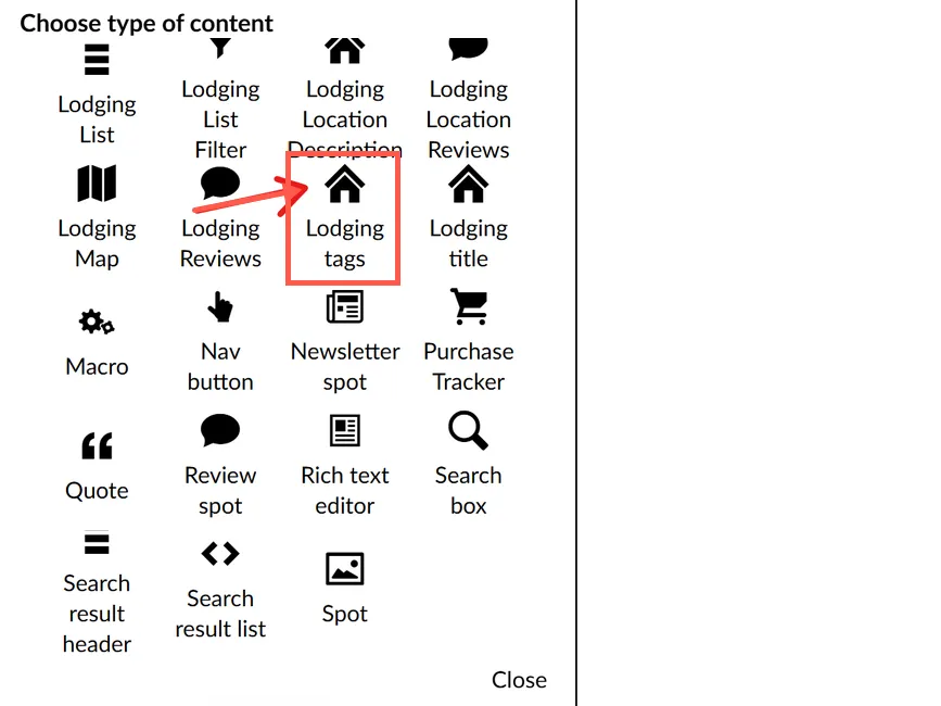 Elementoversigt med widgetten "Lodging tags"