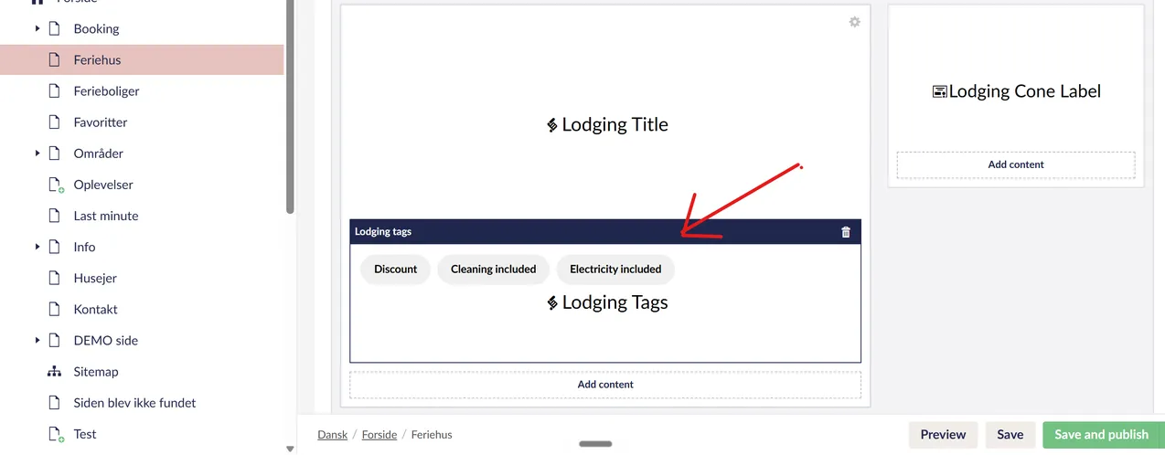 Lodging Tags indsat under Lodging Title