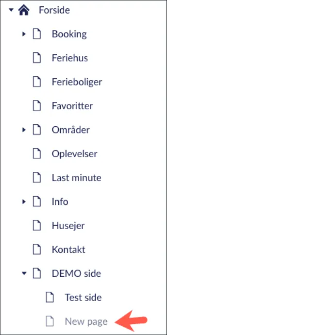 Oprettet side i menuen til venstre