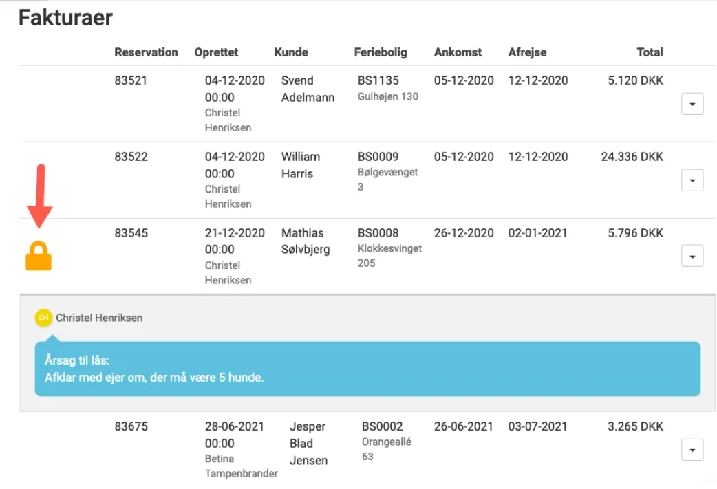 Der vil være en tydelig visning af en lås og en kommentar for hvorfor reservationen er låst 