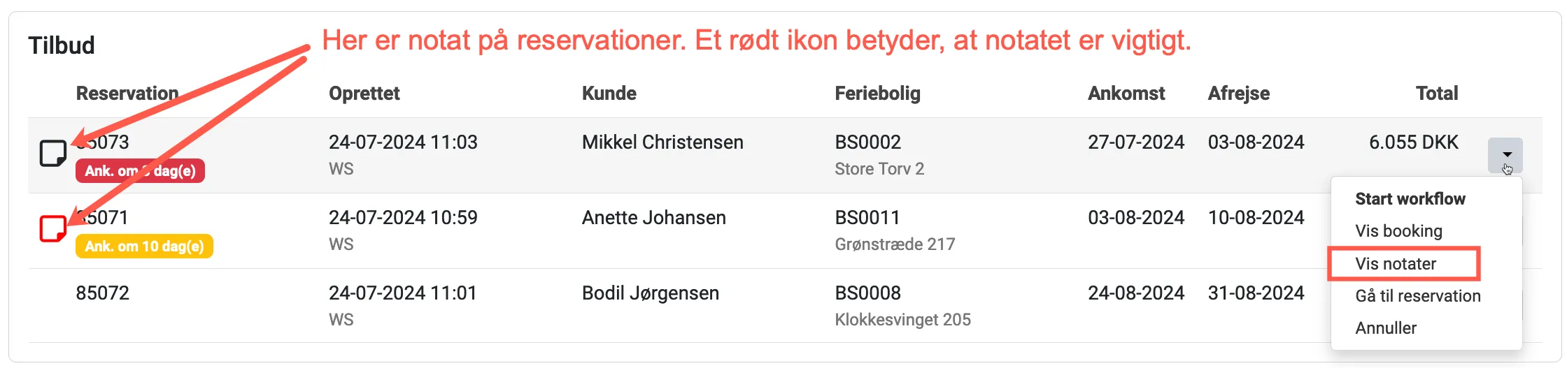 noter på en reservation vises med et ikon