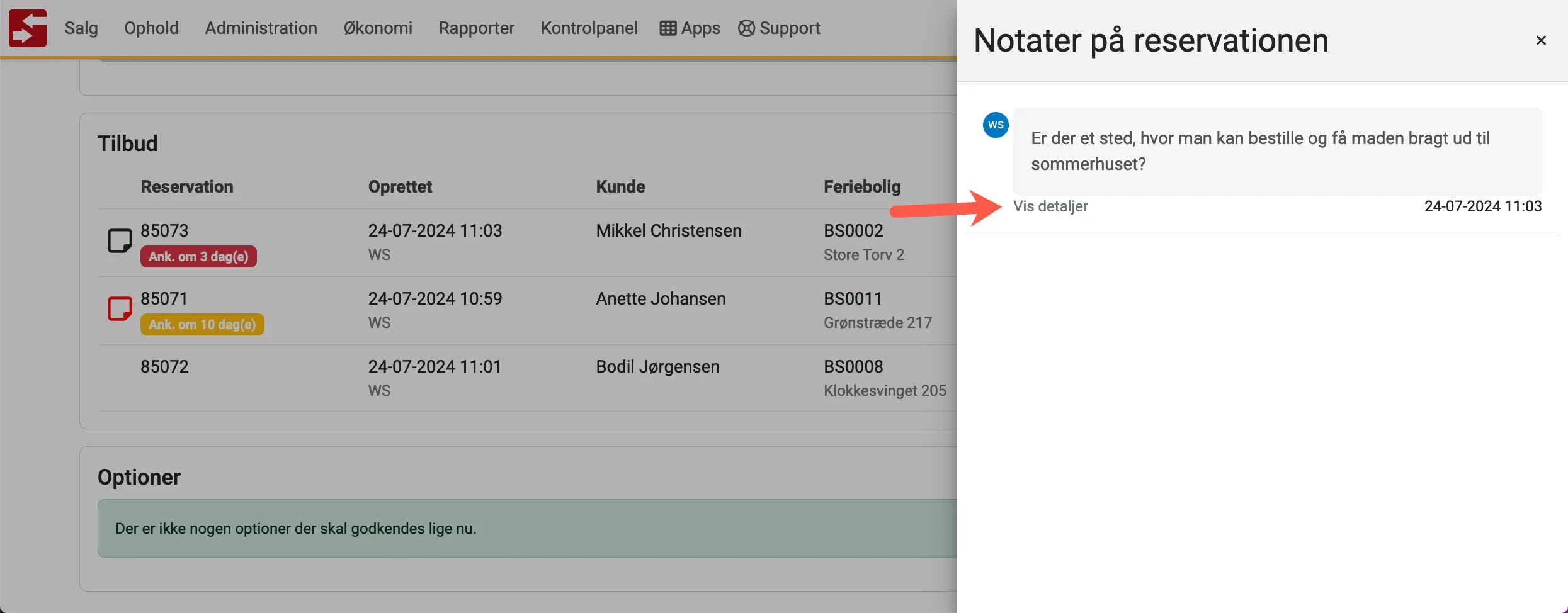 klik på ikonet ved reservationen for at læse noten